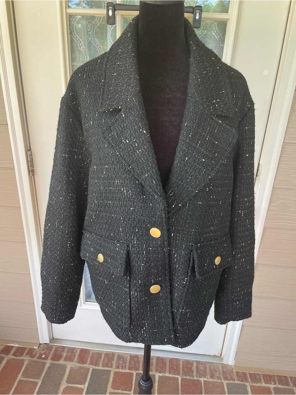 House of Harlow 1960 M Black Gold Metallic Tweed Oversized Blazer